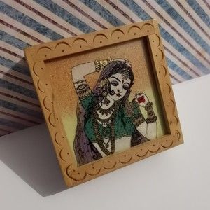 Gemstone Painting Wooden Trinket Box Dancing Lady India Gold Emerald Sunstone
